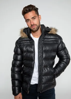 Men's Crimson Puffer Winter Down Leather Jacket with Fur