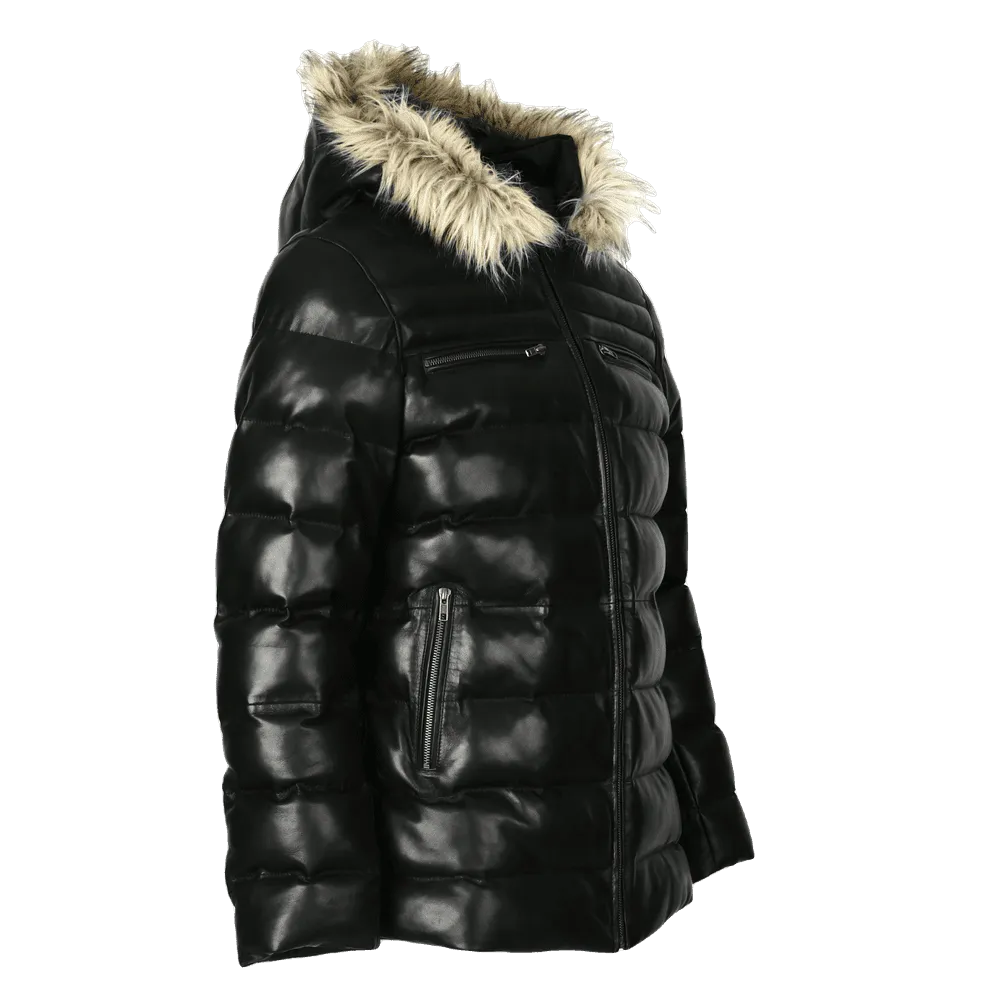 Mens Jeremiah Puffer Leather Jacket with Fur Hoodie (Black)