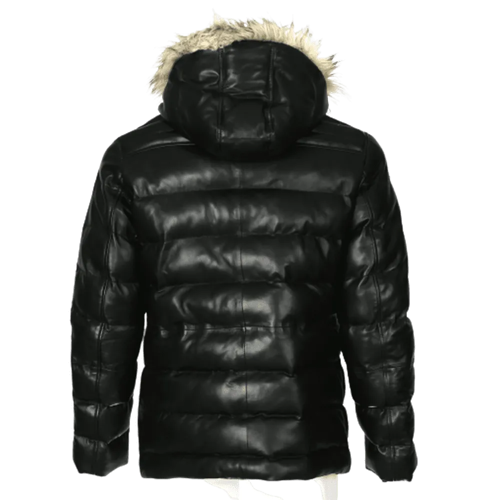 Mens Jeremiah Puffer Leather Jacket with Fur Hoodie (Black)