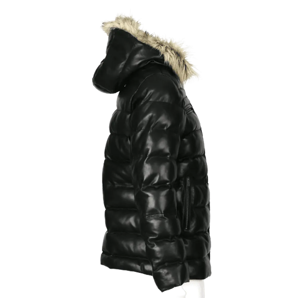 Mens Jeremiah Puffer Leather Jacket with Fur Hoodie (Black)