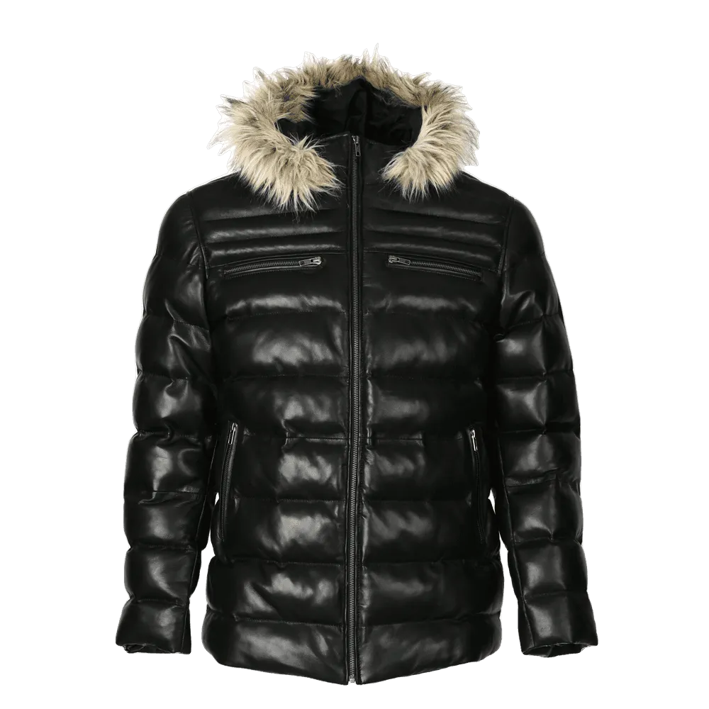 Mens Jeremiah Puffer Leather Jacket with Fur Hoodie (Black)