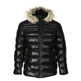 Mens Jeremiah Puffer Leather Jacket with Fur Hoodie (Black)