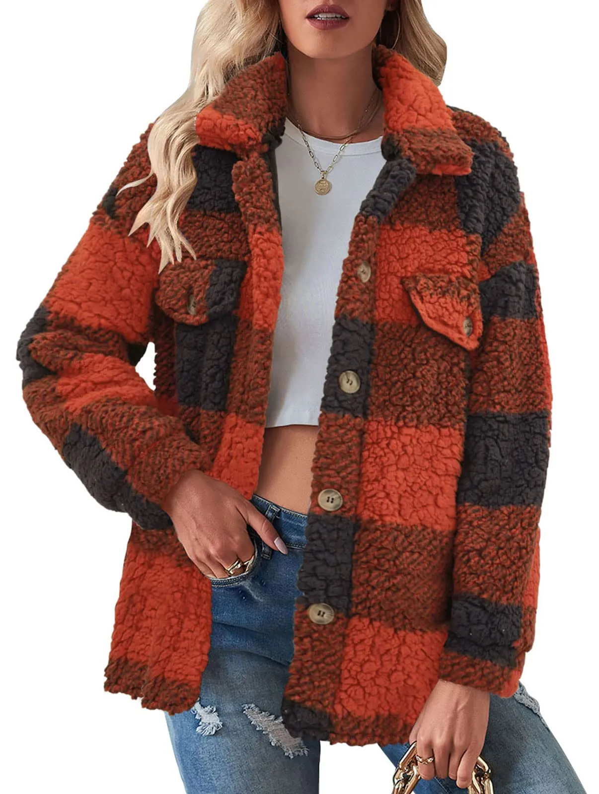 MEROKEETY Plaid Fleece Button Down Sherpa Coat Jacket