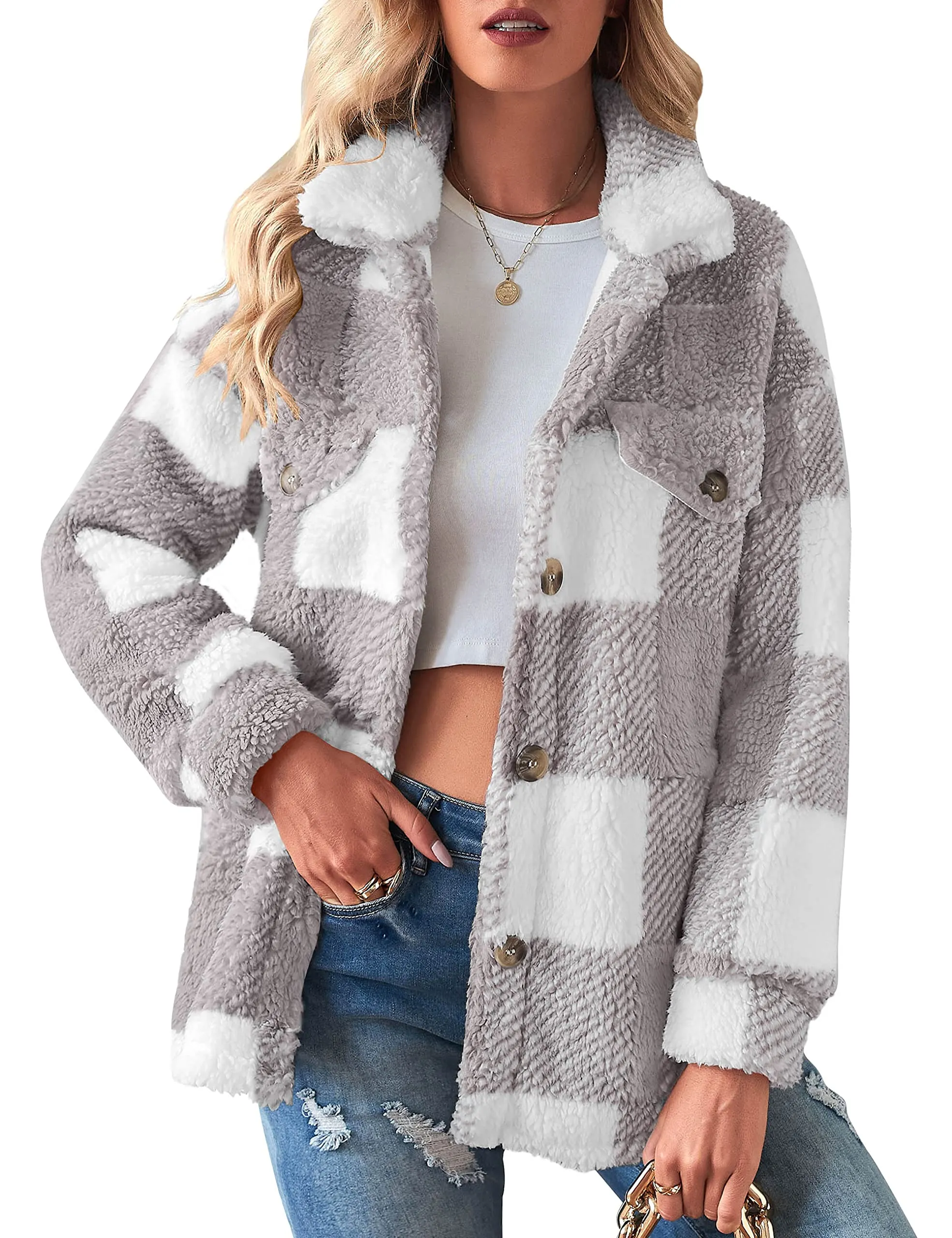 MEROKEETY Plaid Fleece Button Down Sherpa Coat Jacket