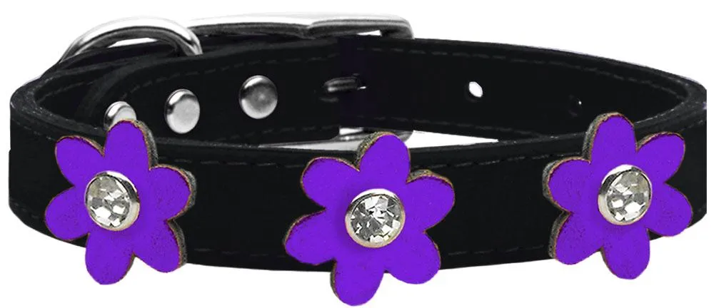 Metallic Flower Leather Collar Black With Metallic Purple Flowers Size 18