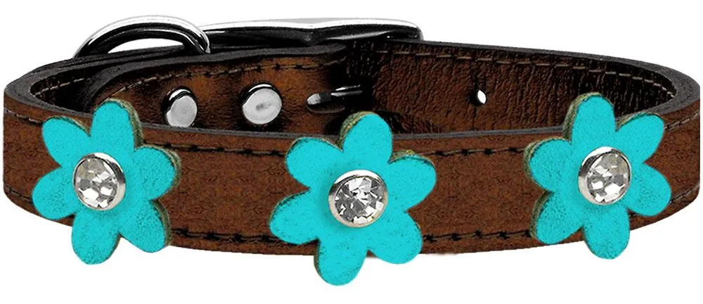 Metallic Flower Leather Collar Bronze With Metallic Turquoise Flowers Size 20