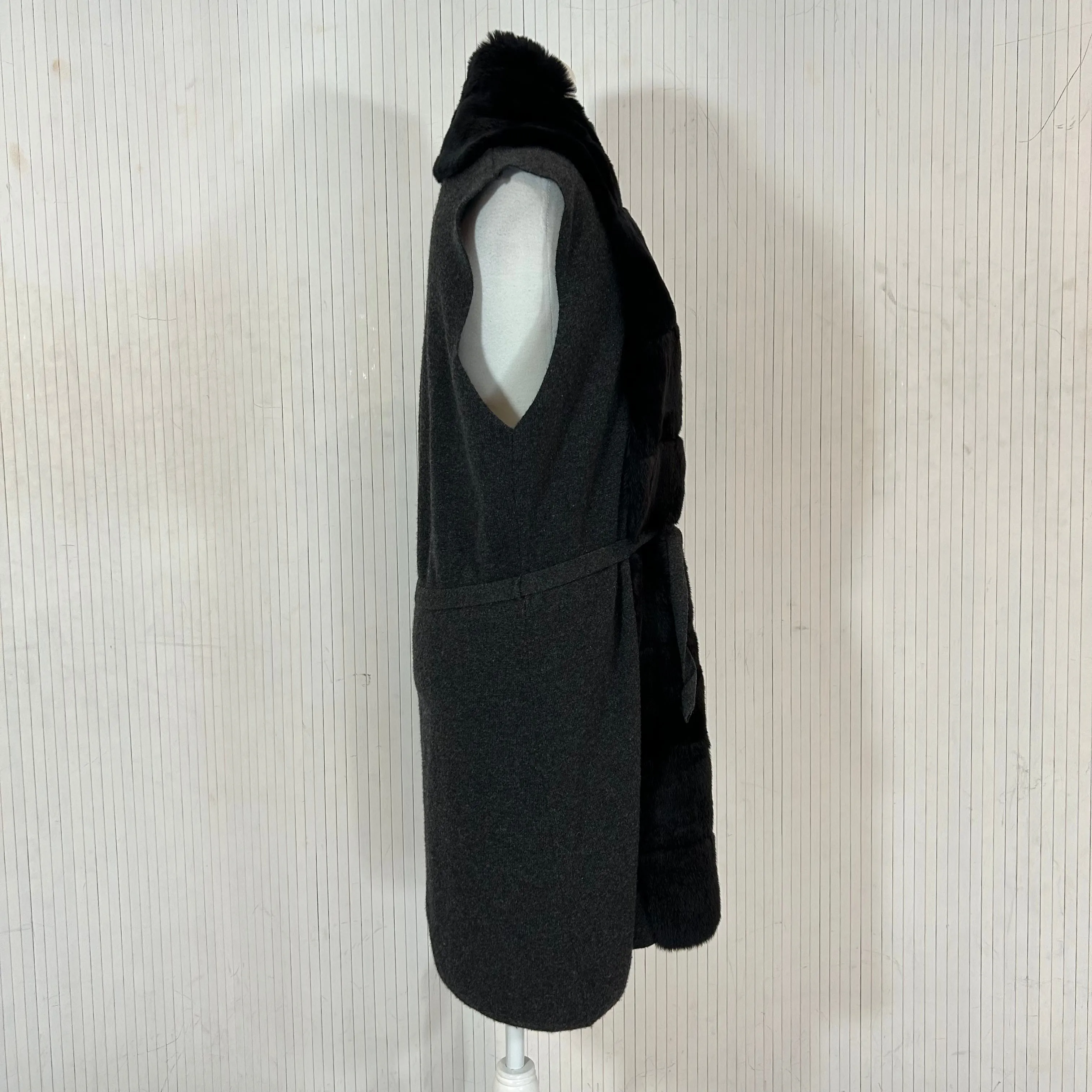 N Peal Charcoal Cashmere & Black Rabbit Sleeveless Cardigan M