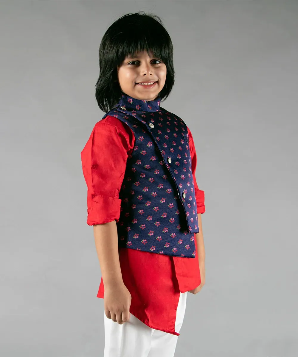 Navy Printed Jacket with Red Plain Kurta & White Pyjama for Party