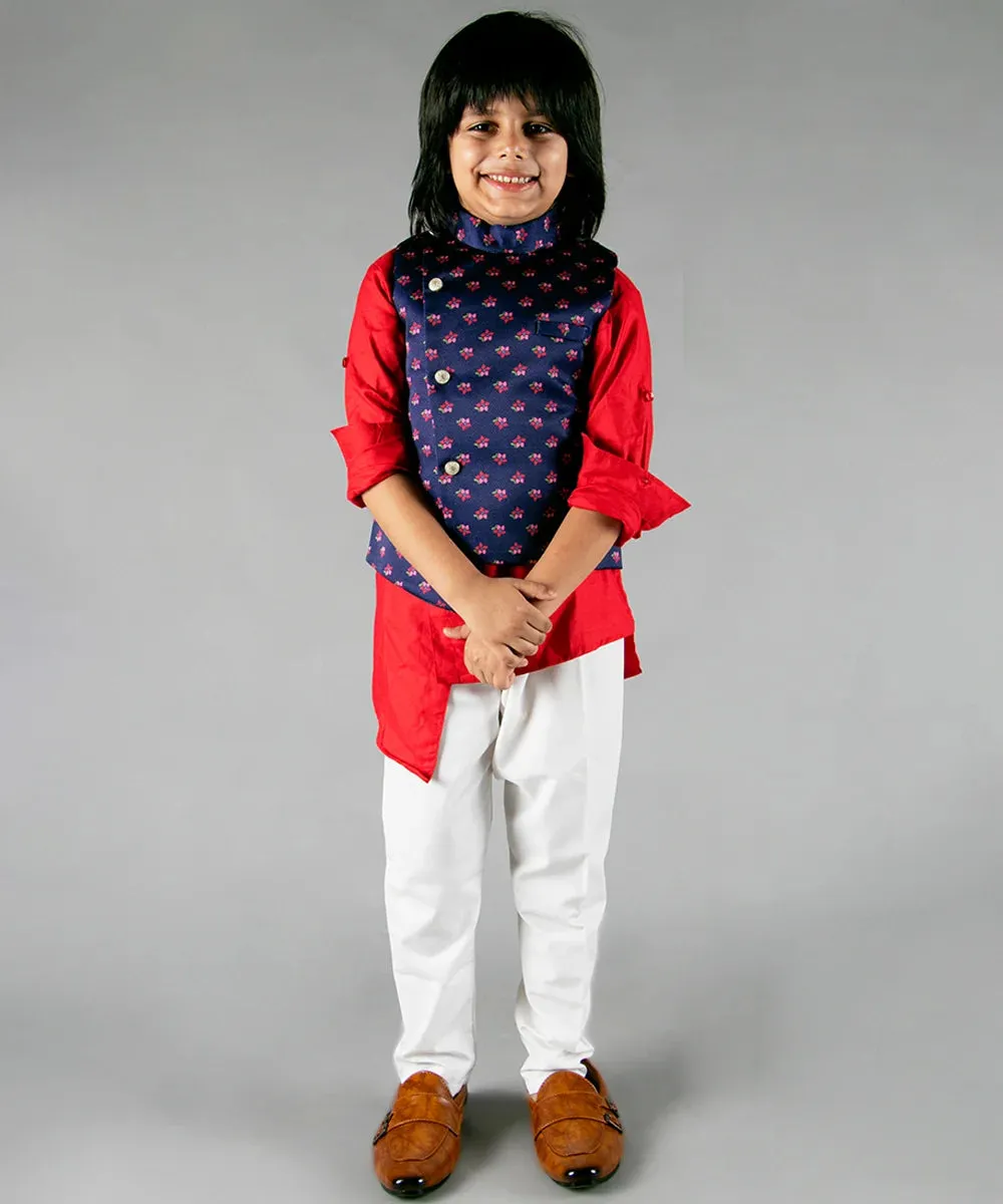 Navy Printed Jacket with Red Plain Kurta & White Pyjama for Party