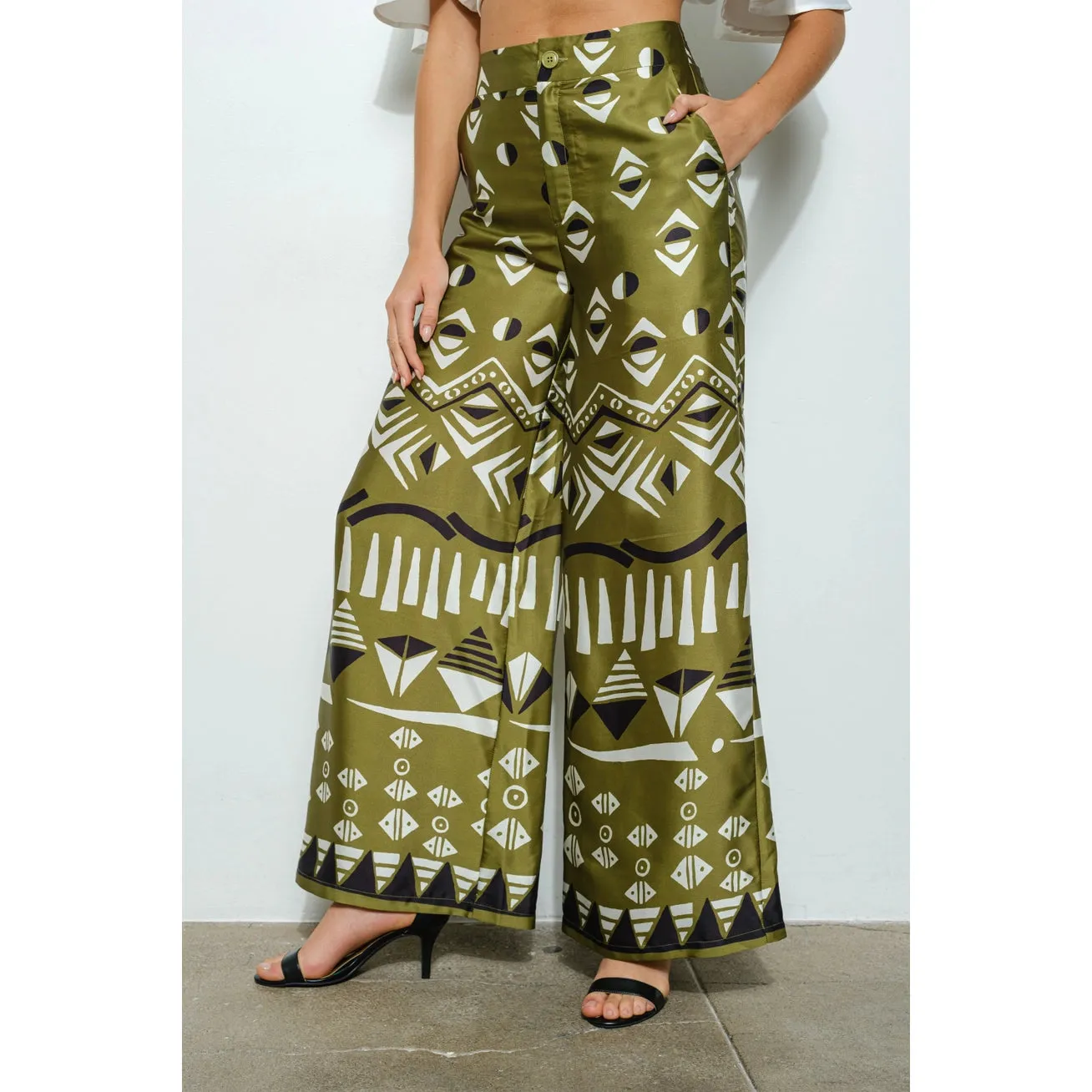 Olive Geometric High Waisted Wide Pants