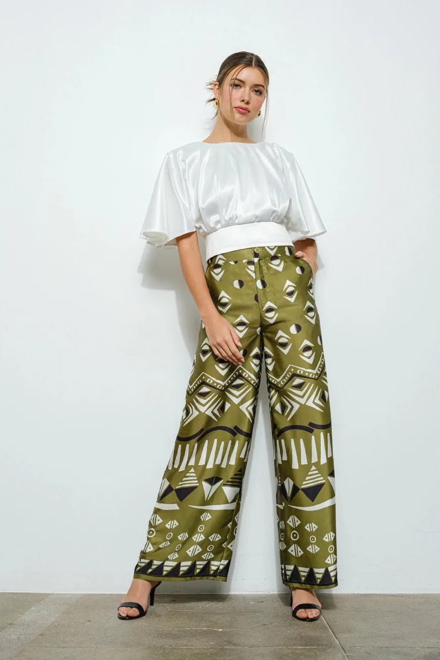 Olive Geometric High Waisted Wide Pants