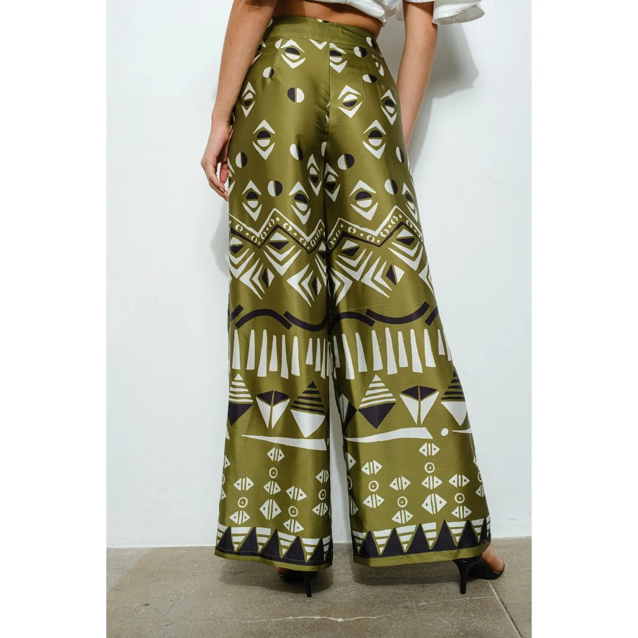 Olive Geometric High Waisted Wide Pants