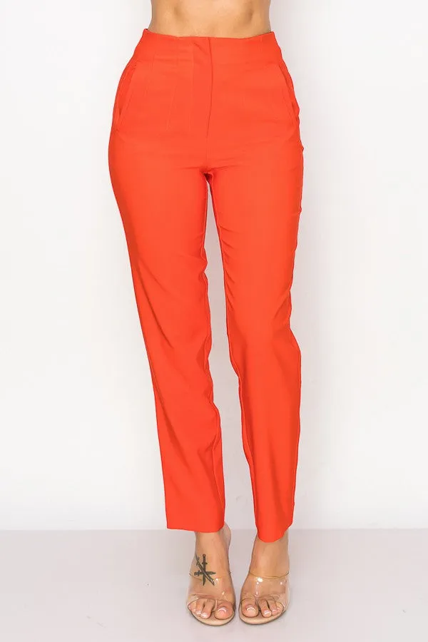 Orange Solid High Waist Dress Pants