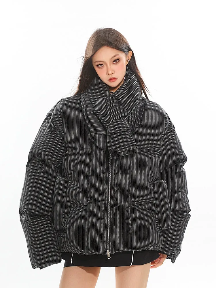 Oversized Pinstripe Puffer Jacket with Scarf