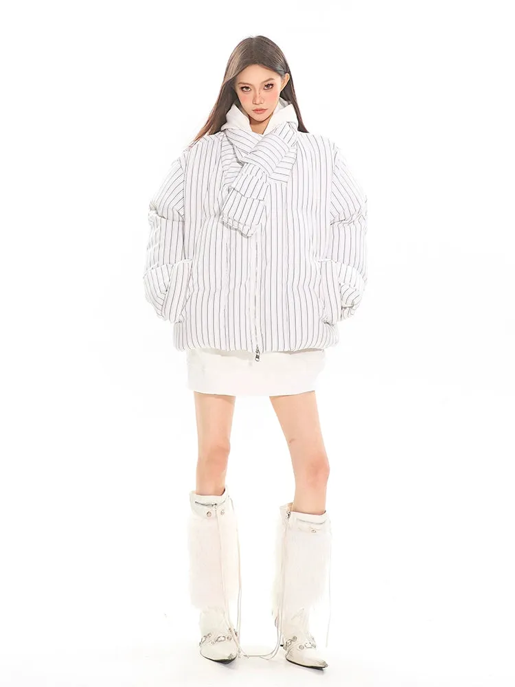 Oversized Pinstripe Puffer Jacket with Scarf