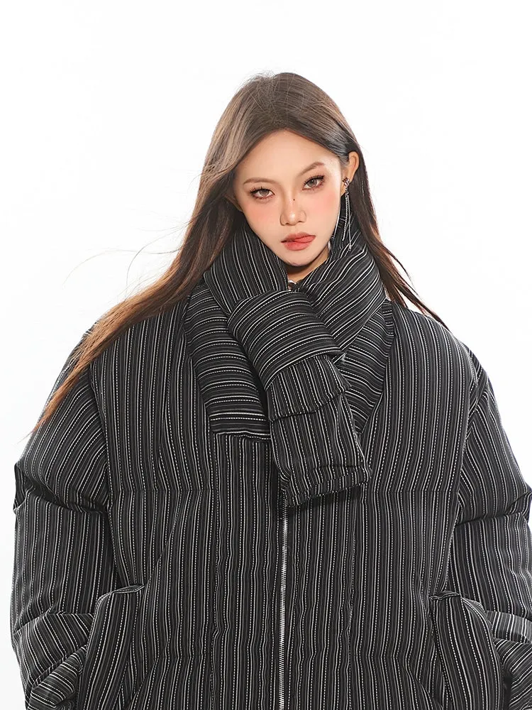 Oversized Pinstripe Puffer Jacket with Scarf