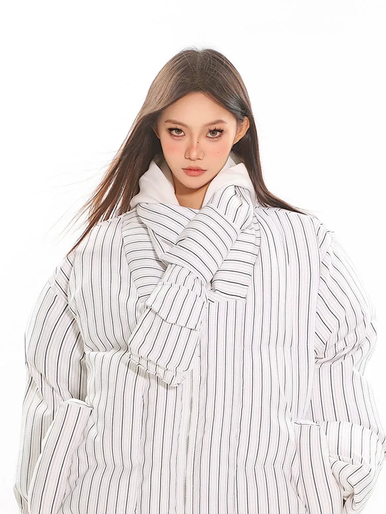 Oversized Pinstripe Puffer Jacket with Scarf