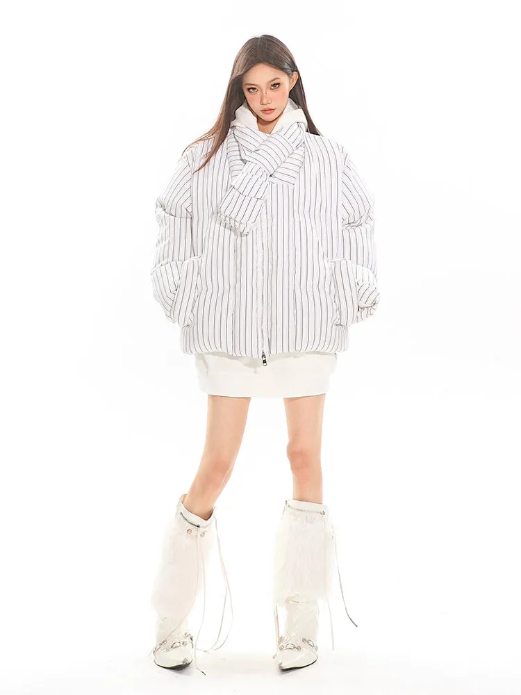 Oversized Pinstripe Puffer Jacket with Scarf