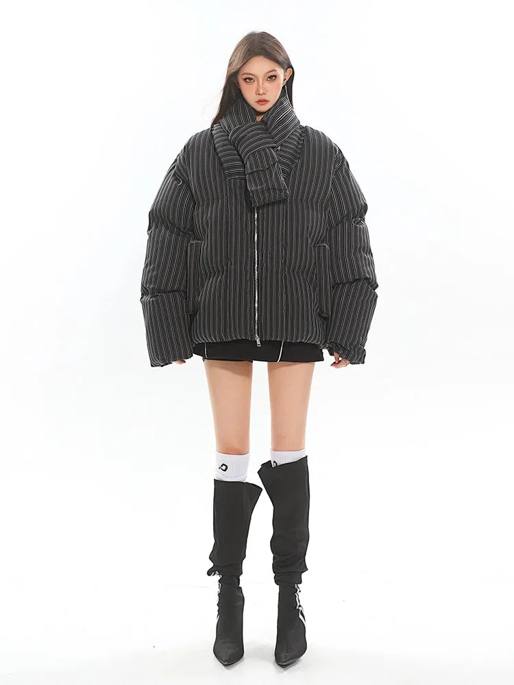 Oversized Pinstripe Puffer Jacket with Scarf