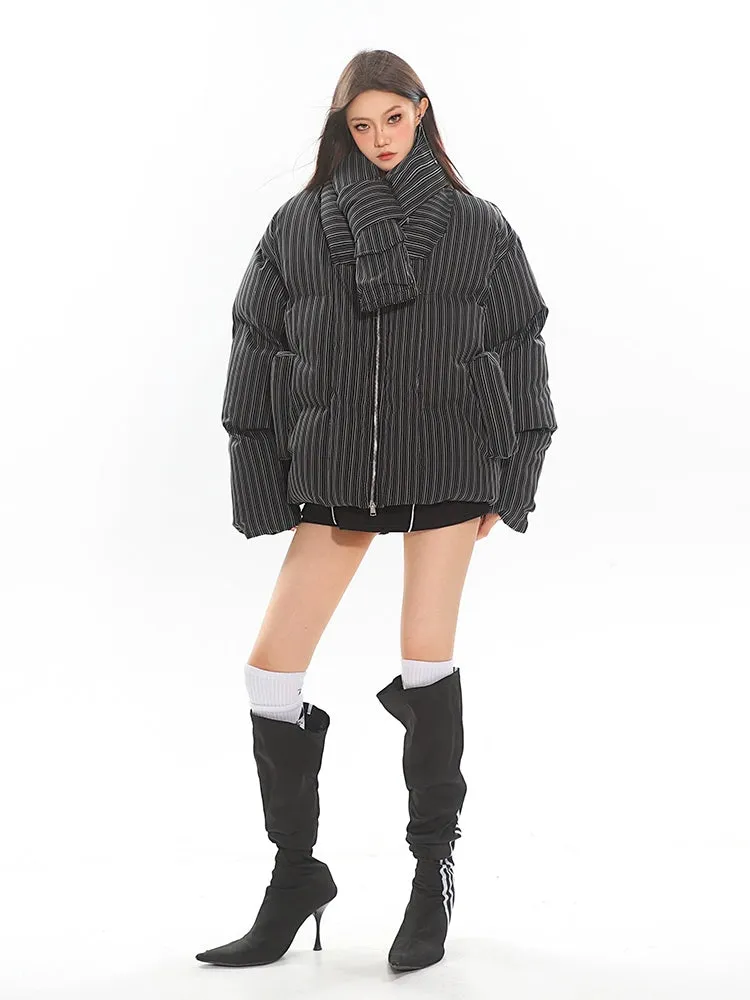 Oversized Pinstripe Puffer Jacket with Scarf