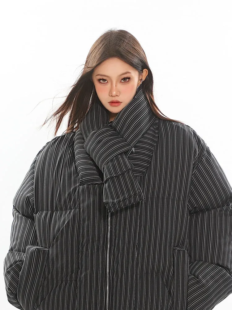 Oversized Pinstripe Puffer Jacket with Scarf