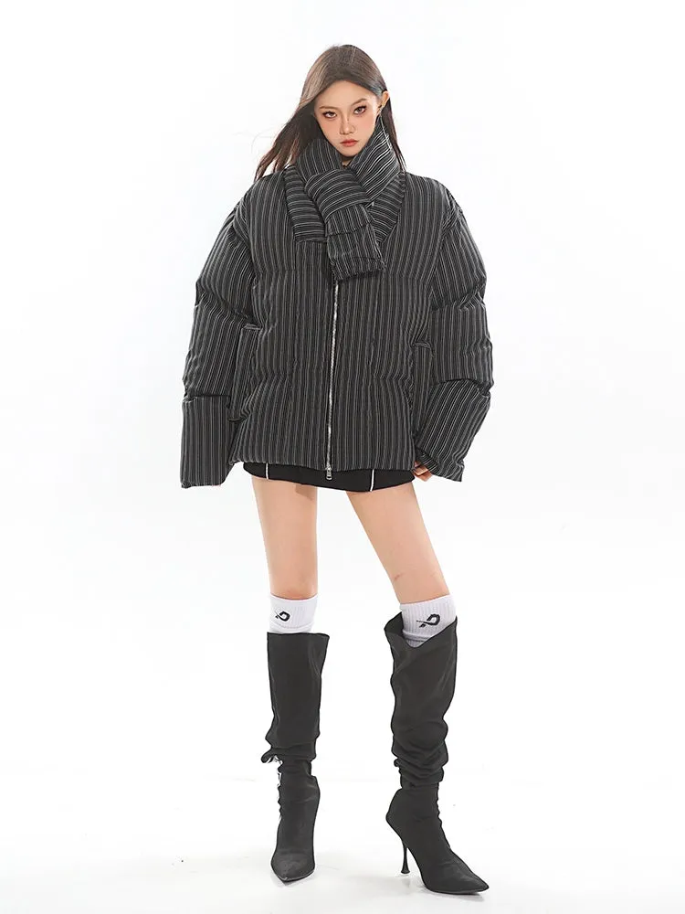 Oversized Pinstripe Puffer Jacket with Scarf