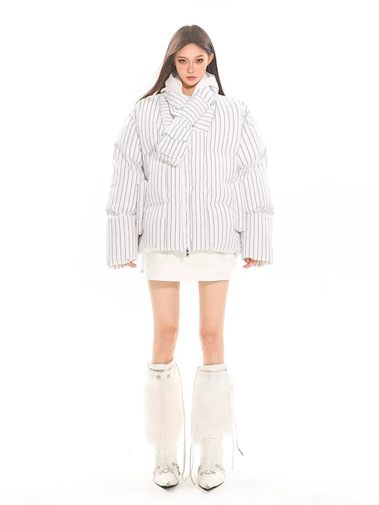 Oversized Pinstripe Puffer Jacket with Scarf