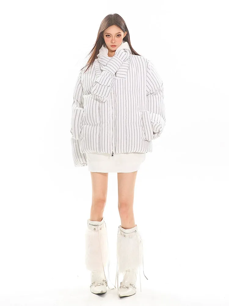 Oversized Pinstripe Puffer Jacket with Scarf