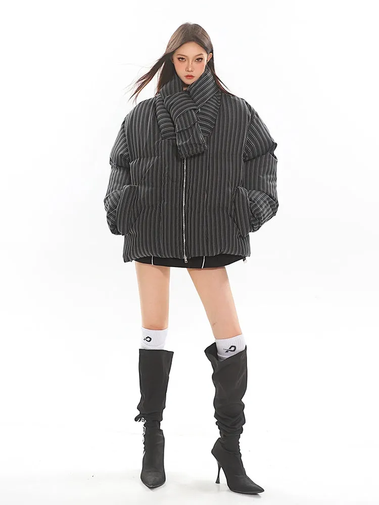 Oversized Pinstripe Puffer Jacket with Scarf