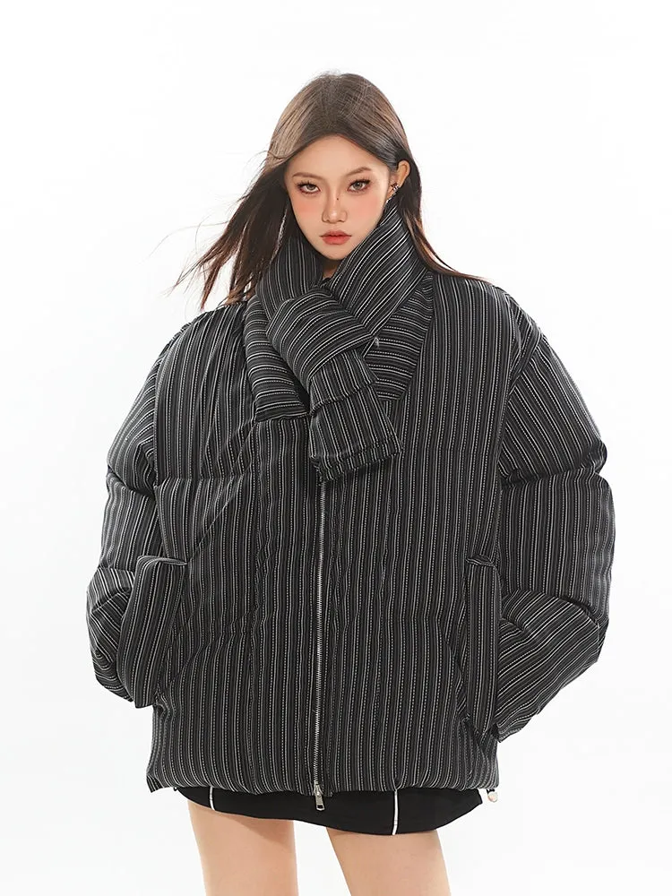 Oversized Pinstripe Puffer Jacket with Scarf