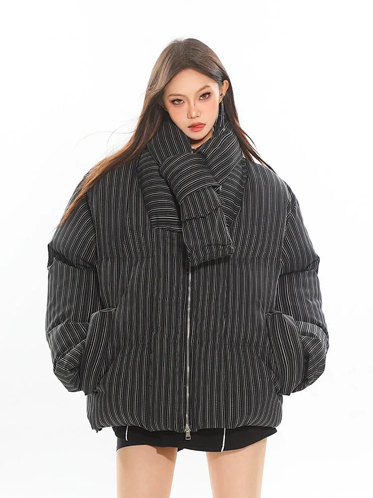 Oversized Pinstripe Puffer Jacket with Scarf