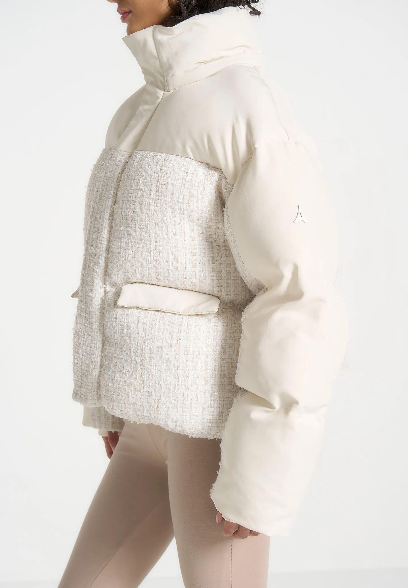 Oversized Tweed Puffer Jacket - Cream