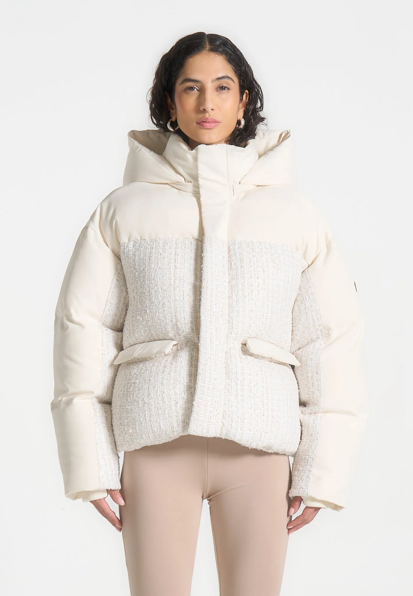 Oversized Tweed Puffer Jacket - Cream