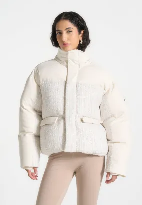 Oversized Tweed Puffer Jacket - Cream