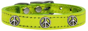 Peace Sign Widget Genuine Metallic Leather Dog Collar Lime Green 10