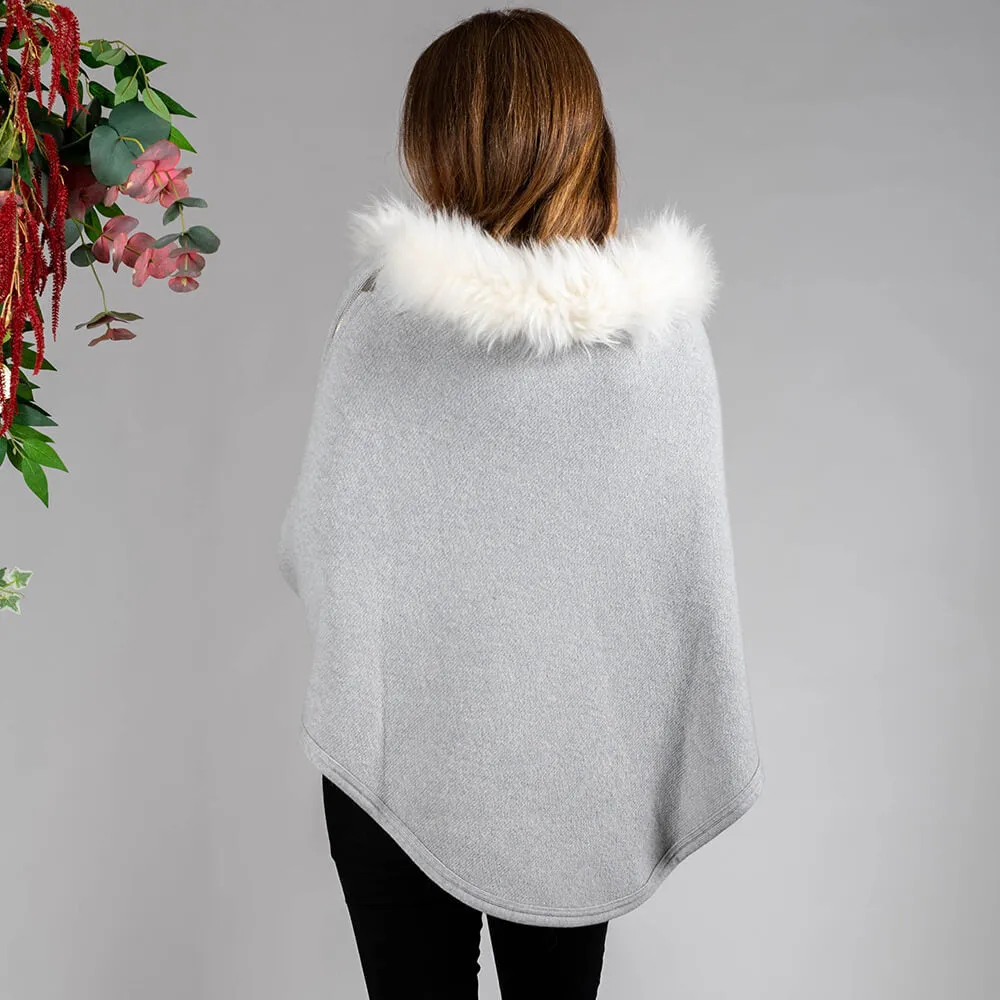 Pearl Grey Cashmere Poncho with Cashmere Fur Trim