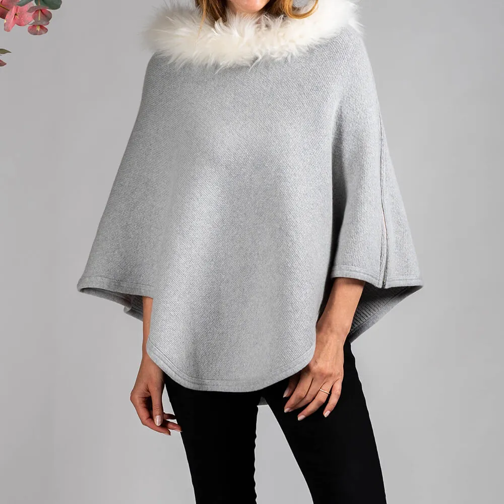 Pearl Grey Cashmere Poncho with Cashmere Fur Trim