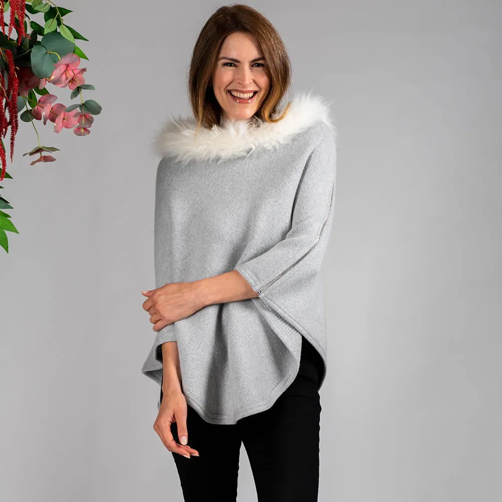 Pearl Grey Cashmere Poncho with Cashmere Fur Trim