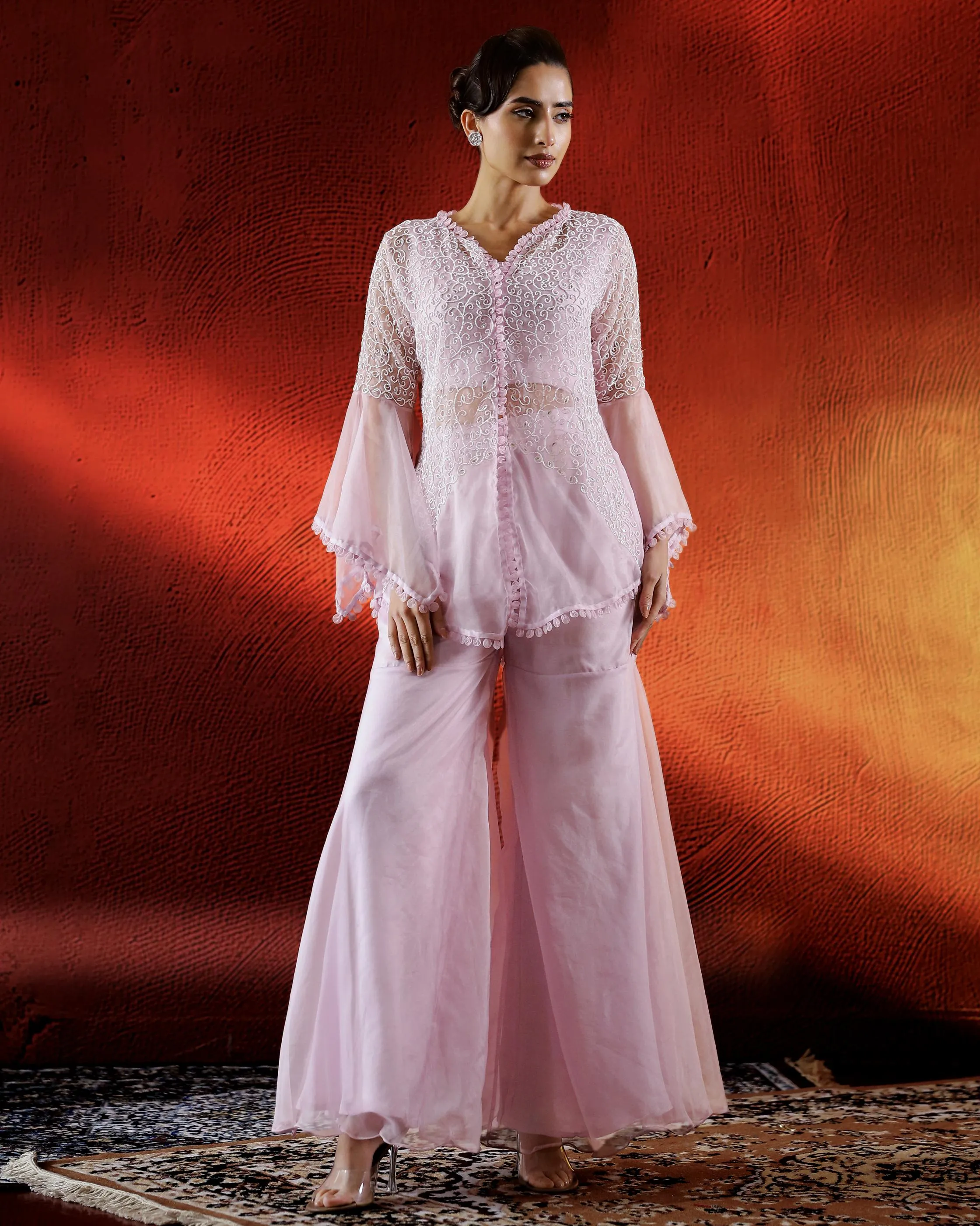 Pink Blush Embellished Organza Silk Sharara Set