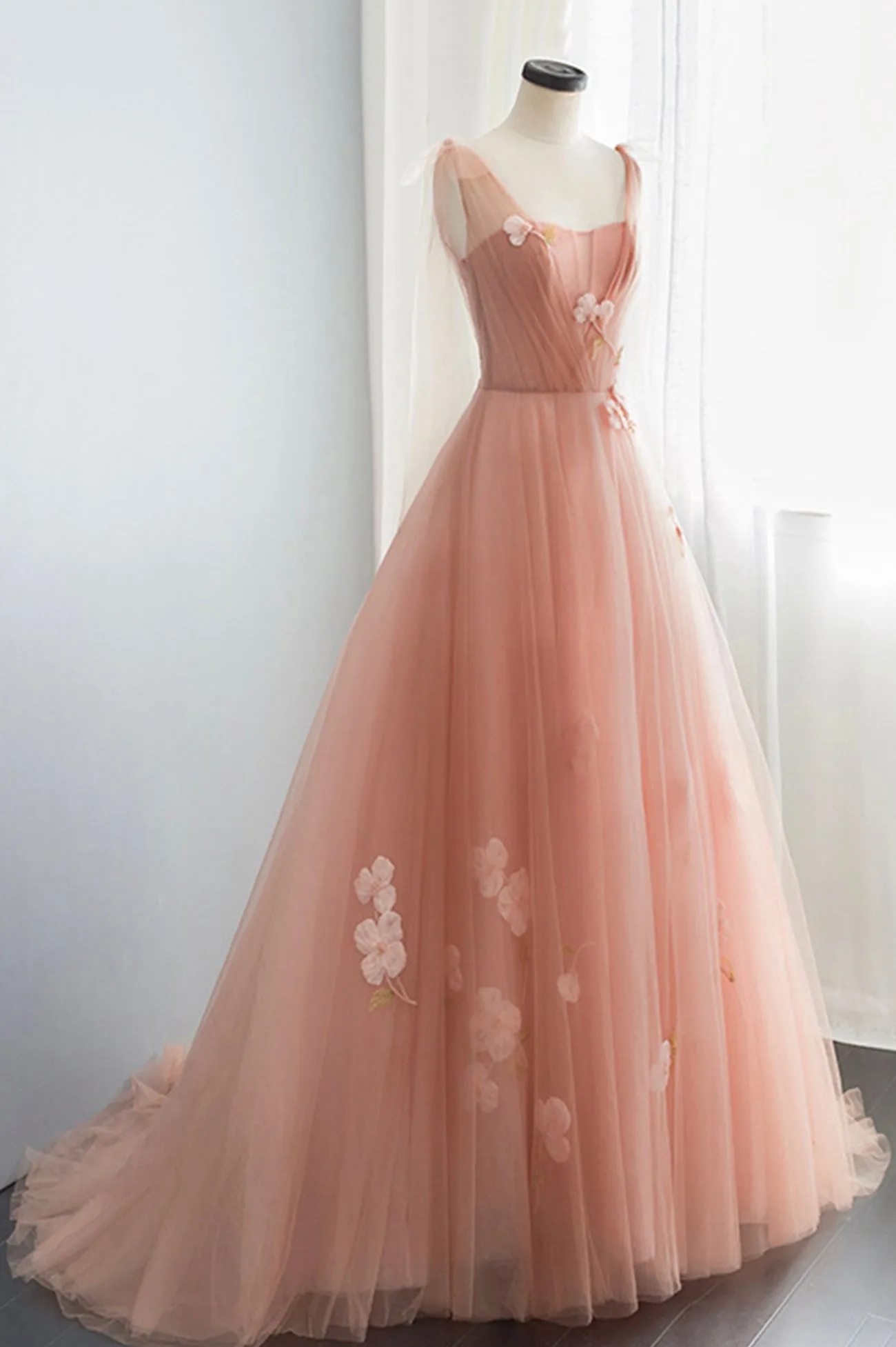 Pink Tulle Long Prom Dress, Beautiful A-Line Evening Party Dress