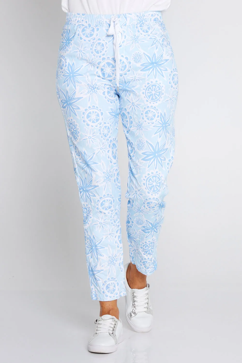 Printed Crushed Drawstring Pants - Summer Blue