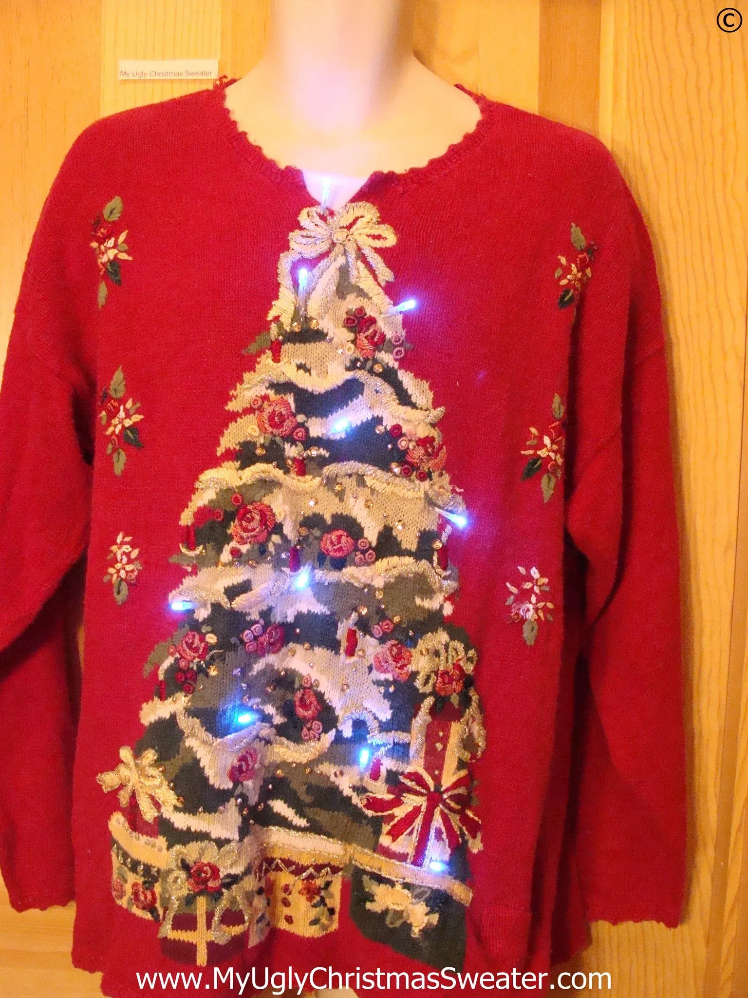 Red Christmas Sweater with Huge Tree and Lights (g258)