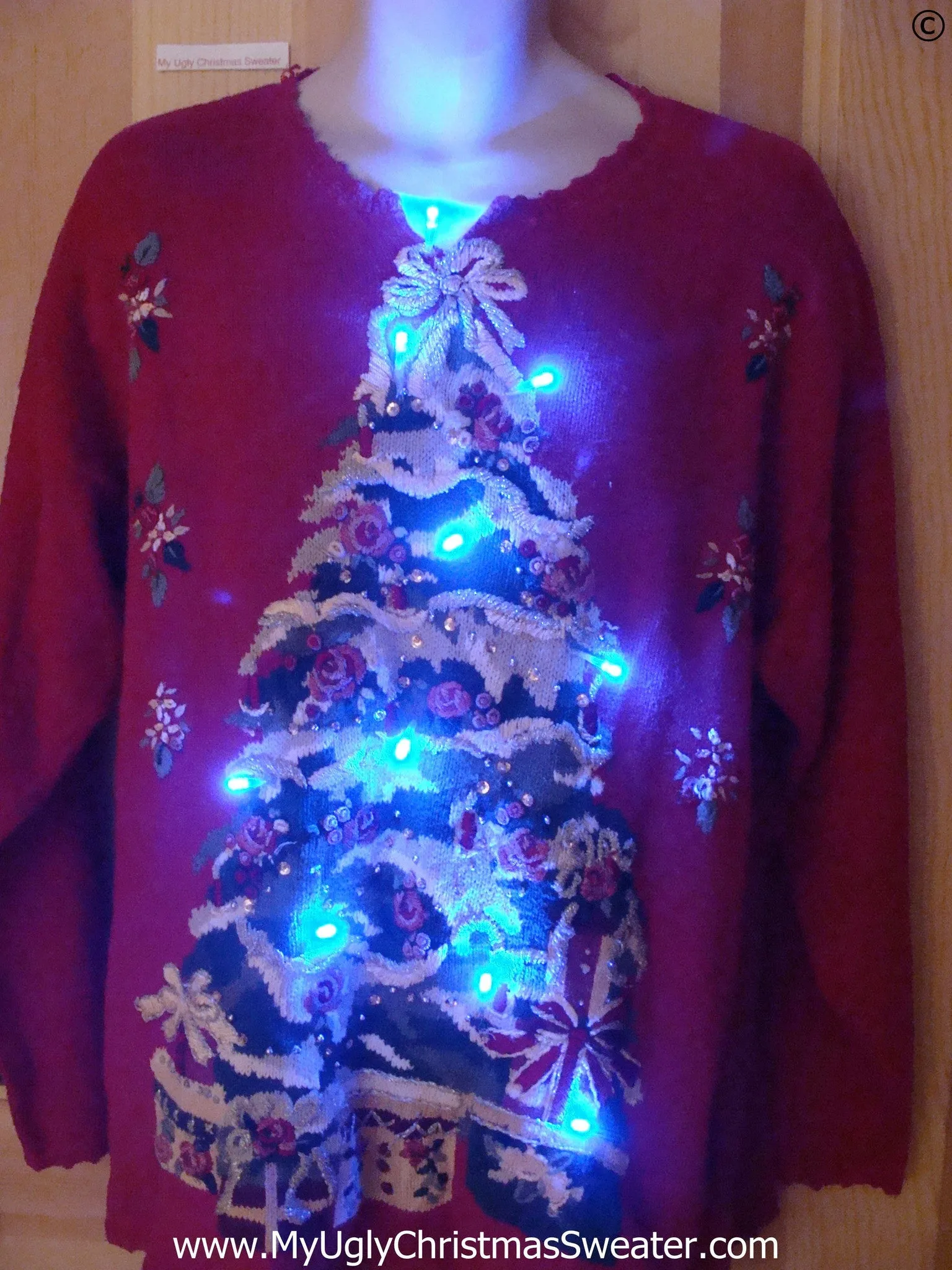 Red Christmas Sweater with Huge Tree and Lights (g258)