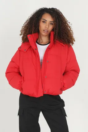 RED OVERSIZED HIGH NECK PUFFER JACKET