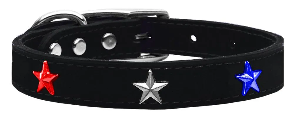 Red, White And Blue Star Widget Genuine Leather Dog Collar Black 16