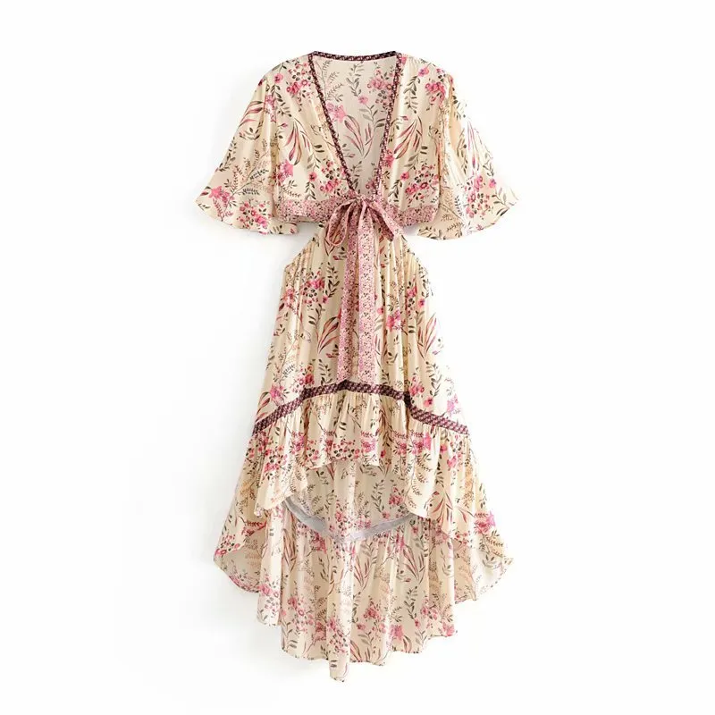 Romantic Floral Bohemian Dress, Asymmetric Summer Boho Dress For Women