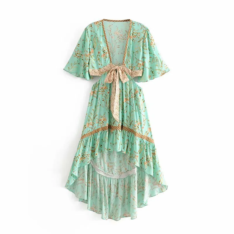 Romantic Floral Bohemian Dress, Asymmetric Summer Boho Dress For Women