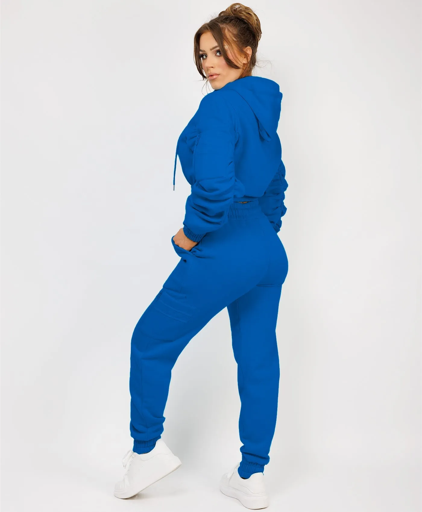 Royal Blue Ruched Sleeve Zipped Hoodie and Joggers Tracksuit