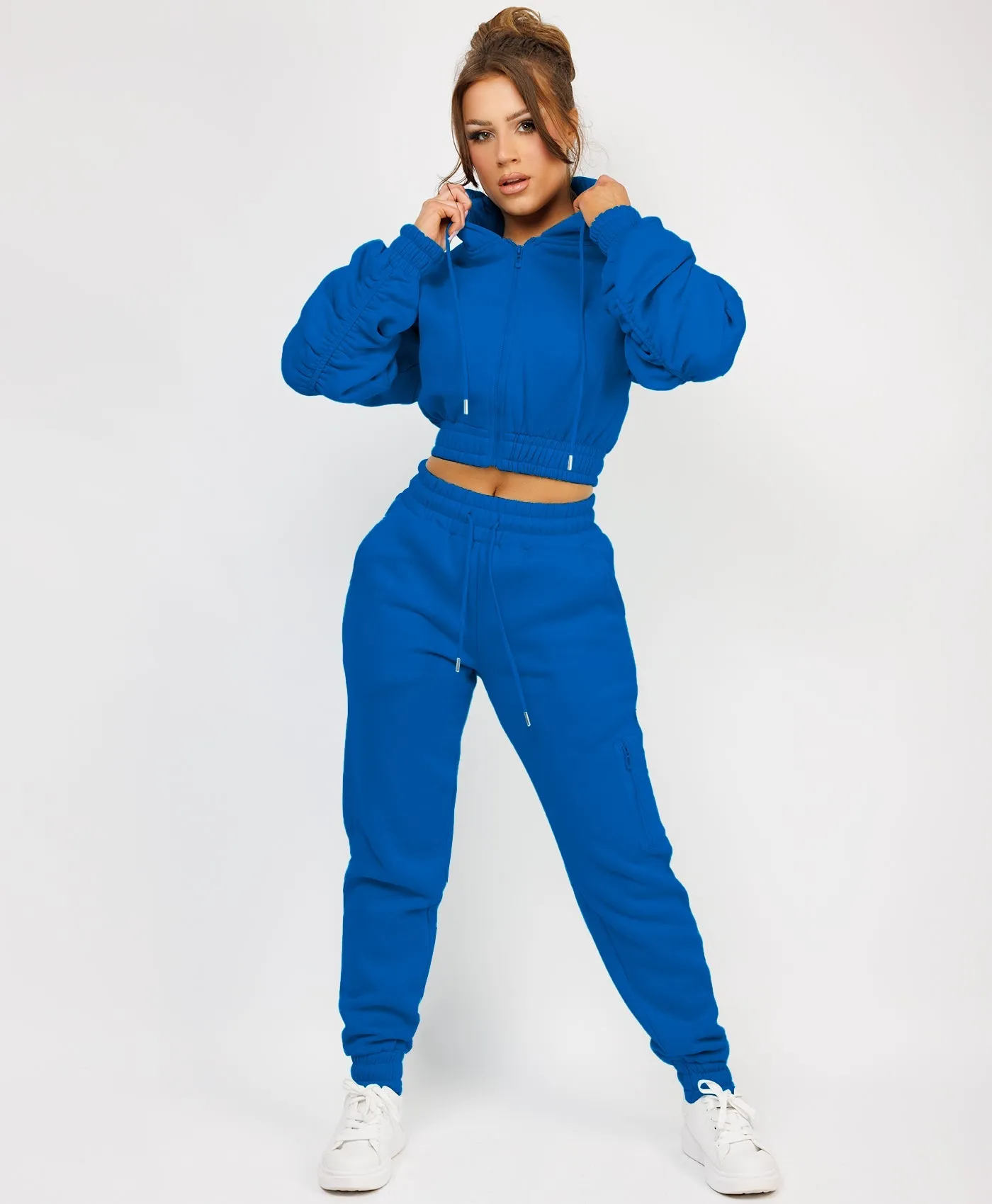 Royal Blue Ruched Sleeve Zipped Hoodie and Joggers Tracksuit