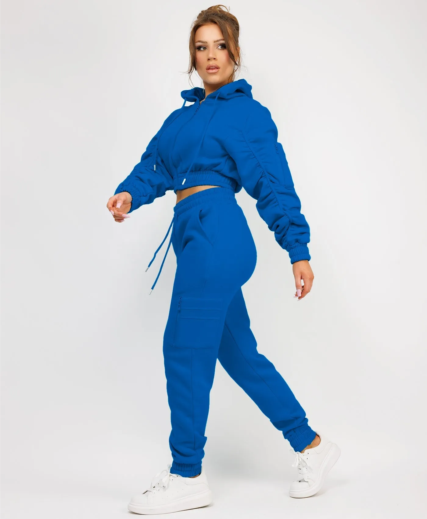 Royal Blue Ruched Sleeve Zipped Hoodie and Joggers Tracksuit